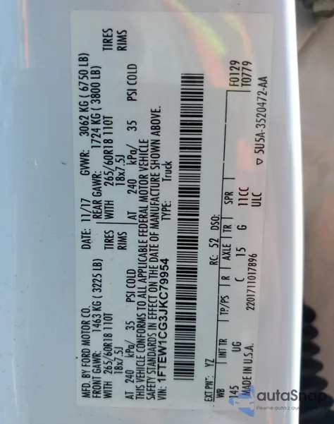 2018 Ford F150 Supercrew z USA, uszkodzony, nr VIN 1FTEW1CG3JKC79954